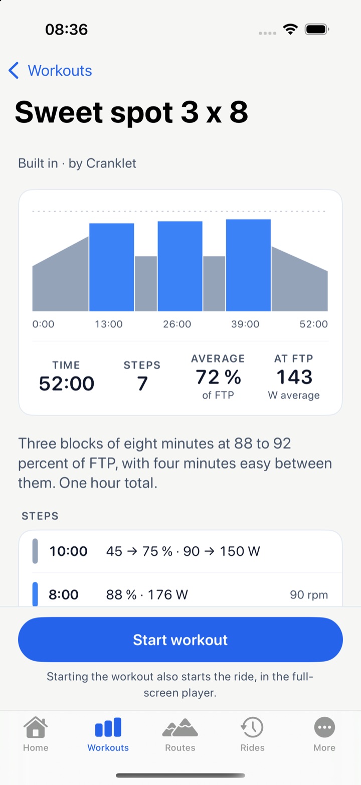 The Sweet spot 3 x 8 workout page: the zone graph, 52 minutes, 141 watts on average, 85 percent of FTP, 22 kJ of work, and the first steps: a 10 minute warm up from 90 to 150 watts, 8 minutes at 176 watts, 4 minutes at 110 watts.